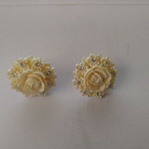 Vintage Ivory Carved Rose Flower Earrings with Rhinestones